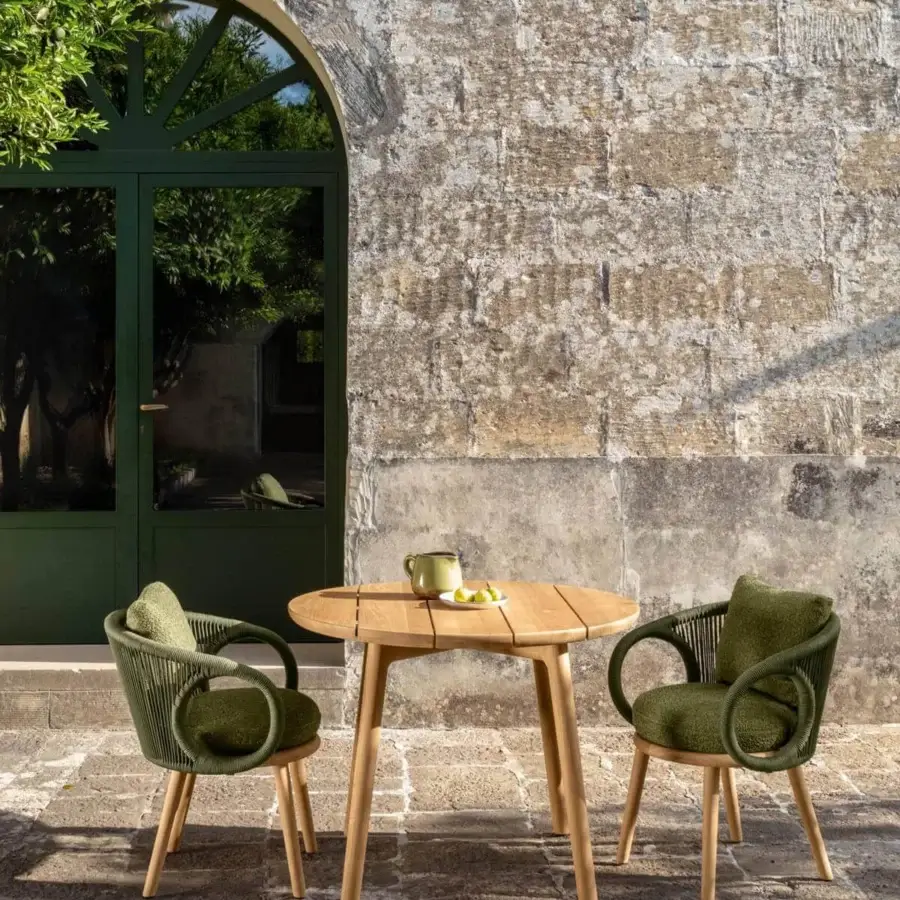 Superior Talenti Karen armchair with woven green fabric, a light-toned wooden frame and graceful curved lines crafted in Italy