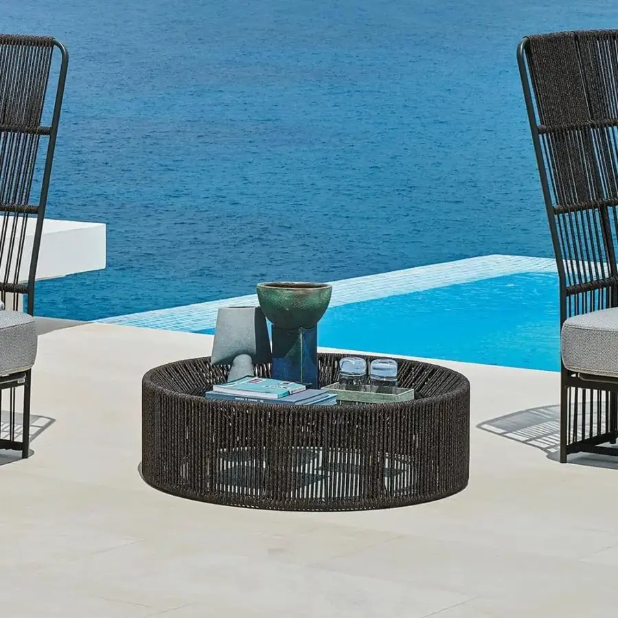 Distinguished Varaschin Tibidabo coffee table with dark brown synthetic fiber and Silk Grey powder-coated aluminum base