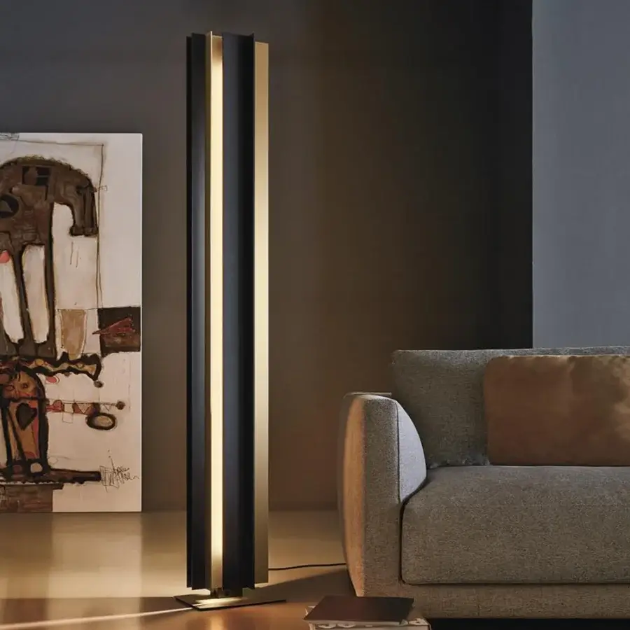 Distinguished VENICEM Secret Floor Lamp lighting crafted with light burnished brass and matte black metal delivering warm diffused illumination