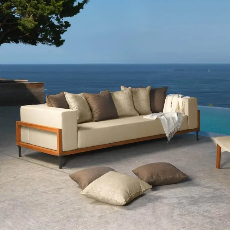 Exceptional Talenti Cleo sofa with natural teak wood structure and removable light beige weather-resistant cushions