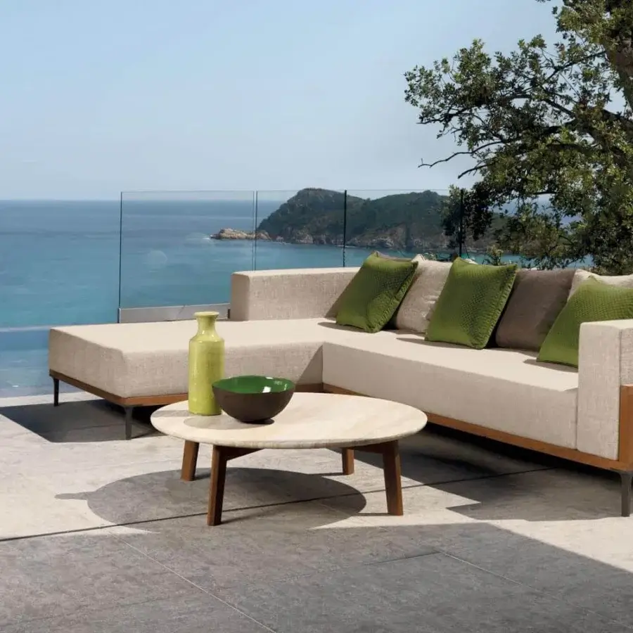 Exceptional Talenti Cleo coffee table with creamy beige marble tabletop and satin-finish teak wood base
