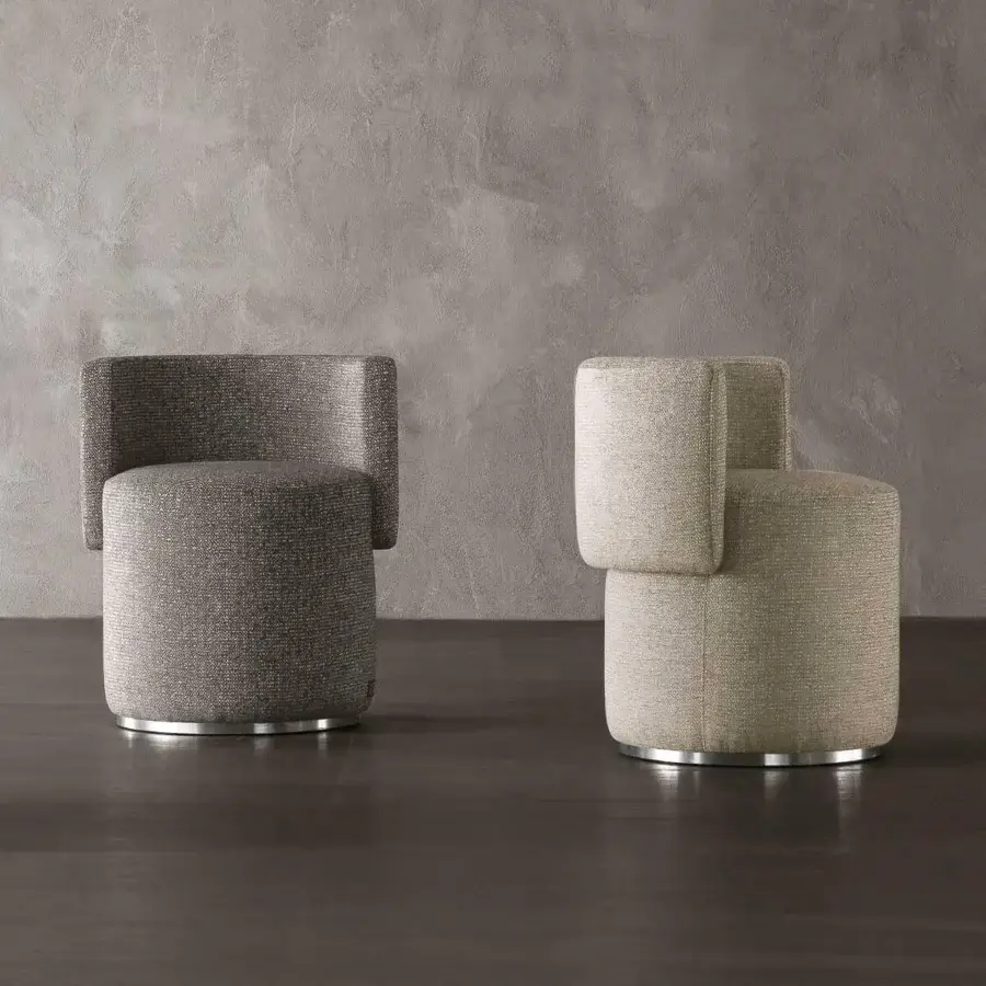 Distinguished Rugiano Love Seat Ottoman with textured textile upholstery and a polished metallic base