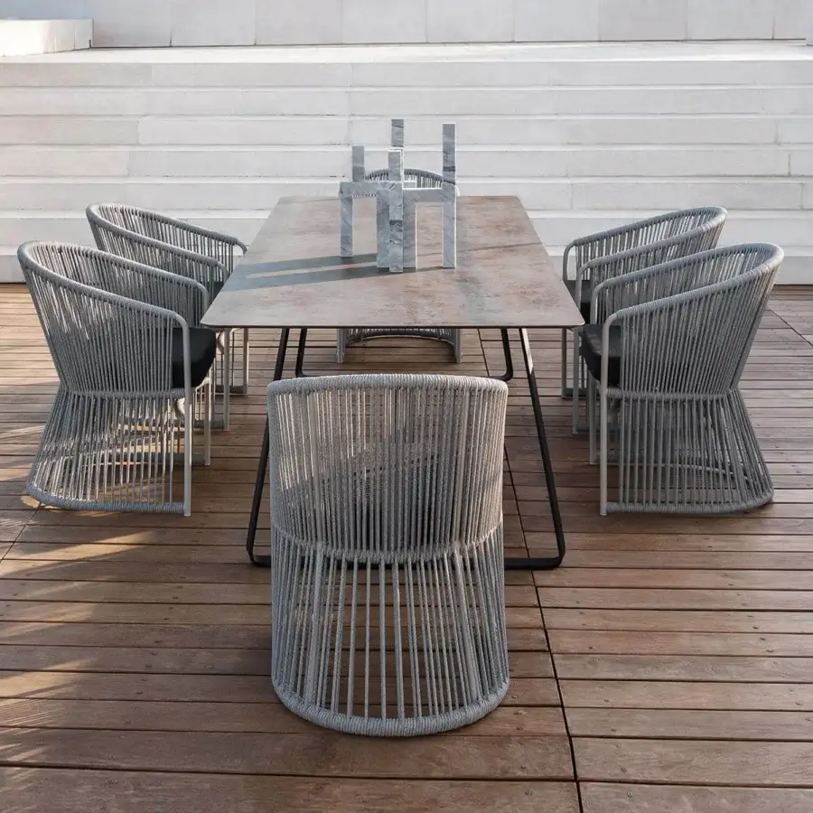 Distinctive Varaschin Tibidabo armchair with woven construction in Perla Brown Rope and grey, showcasing an intricately textured finish