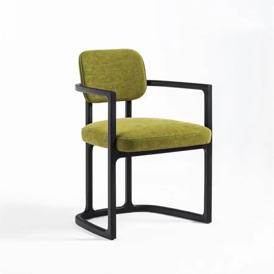 Elegant Porada Serena armchair with olive green upholstery and matte dark gray metal frame crafted in solid ash wood