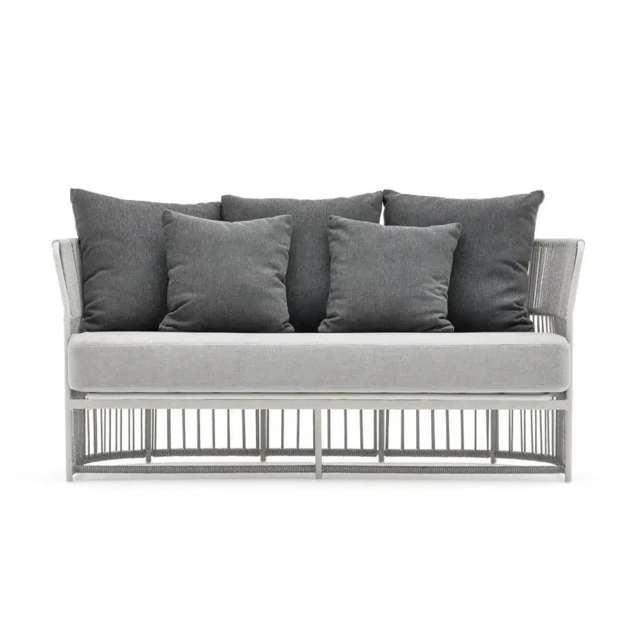 Elegant Varaschin Tibidabo sofa with hand-woven synthetic fiber and light-colored matte metal in a contemporary design