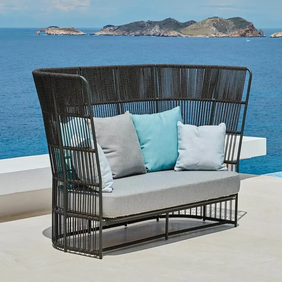 Distinguished Varaschin Tibidabo high sofa crafted with painted metal and hand-woven synthetic fiber in dark gray-brown with light gray cushions