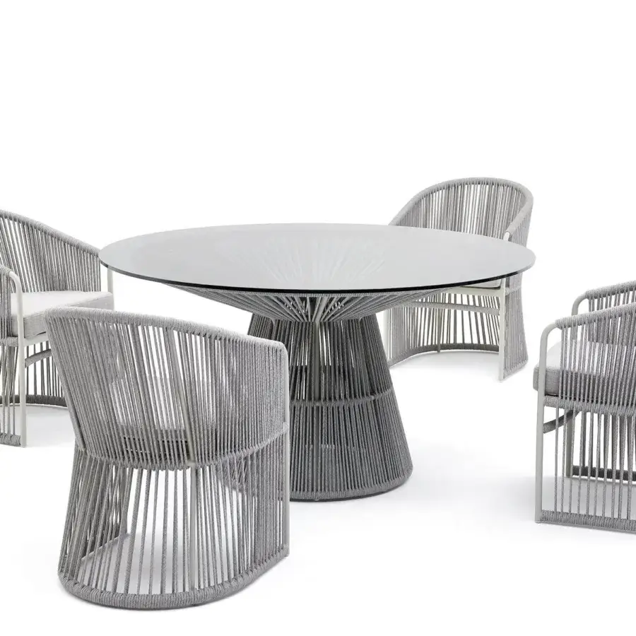 Distinctive Varaschin Tibidabo table crafted with Silk Grey aluminum and hand-woven Perla Rope with a transparent glass tabletop