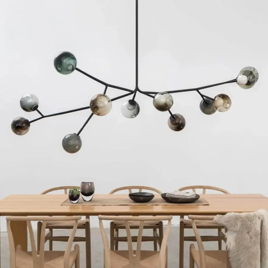Distinguished Bocci 28 Armature ceiling lamp crafted with blown glass and soft-touch matt black steel framework in muted gray, beige, and greenish tones