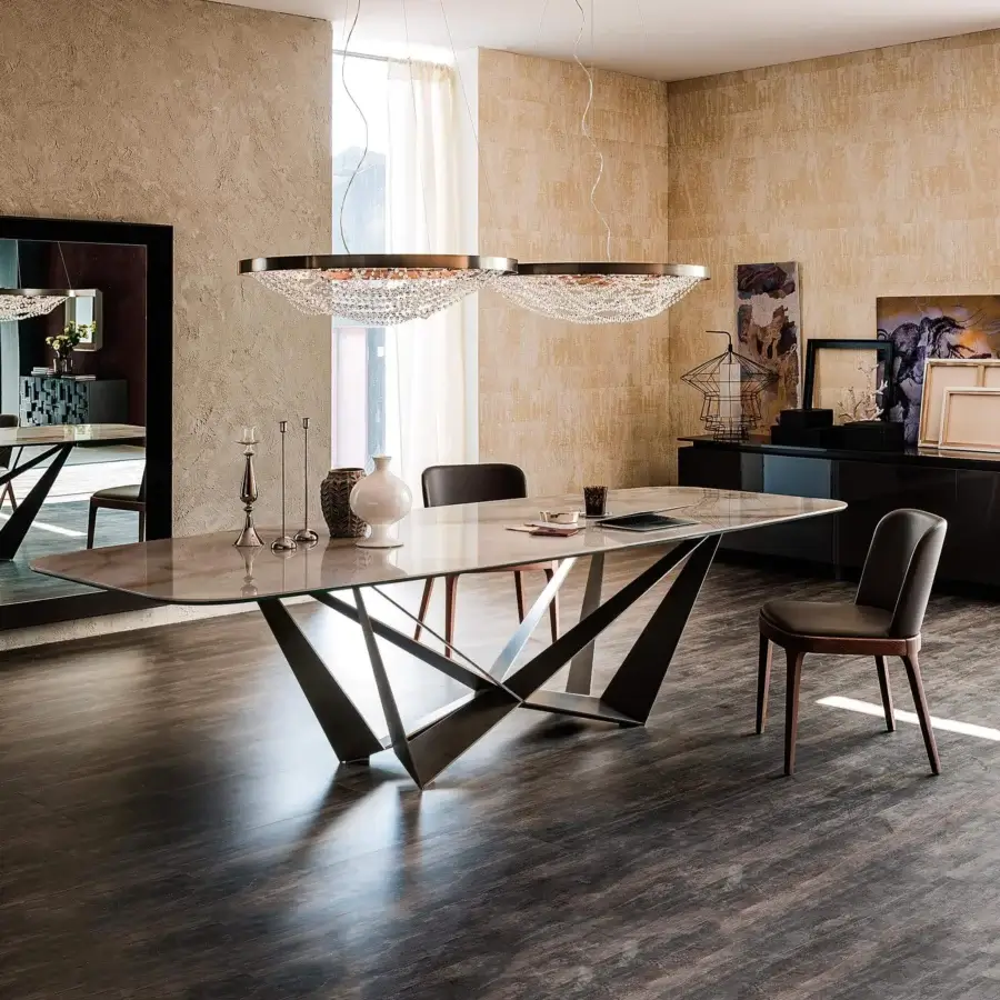 Exceptional Cattelan Italia Skorpio table with light beige Marmi ceramic top and dark embossed lacquered steel base