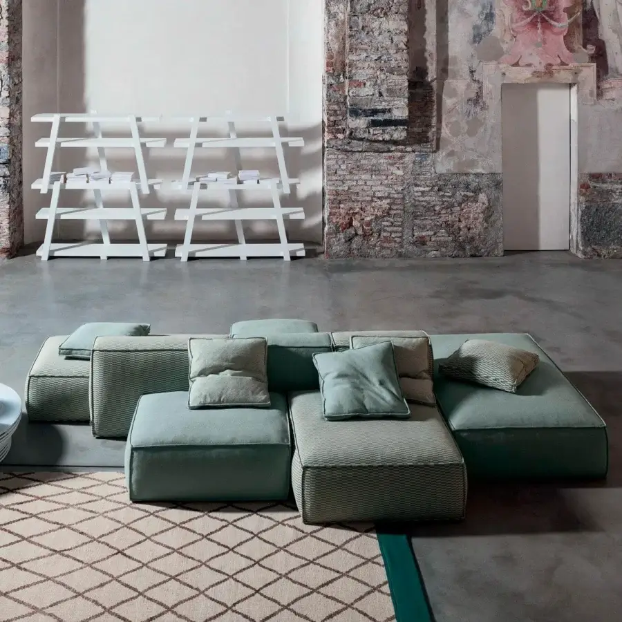 Exceptional Bonaldo Peanut sectional with pastel green textured fabric upholstery and anthracite grey wood feet