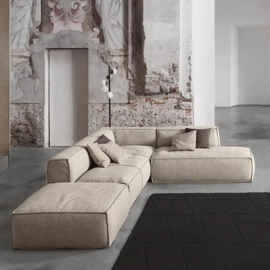 Superior Bonaldo Peanut sectional with neutral beige woven fabric upholstery and hidden anthracite grey wood feet