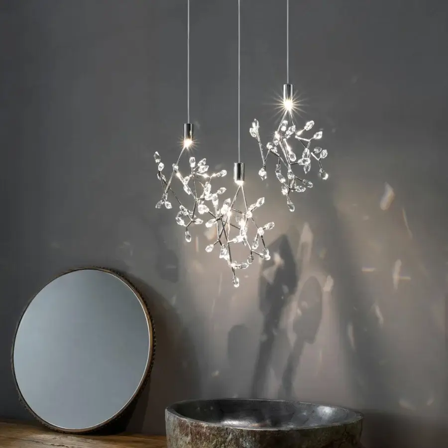 Superior Terzani Core suspension lamp with vibrant faceted crystal spheres and polished brass surface