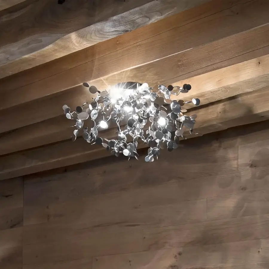 Distinguished Terzani Argent ceiling lamp crafted from hand-joined metal discs with a polished silver finish