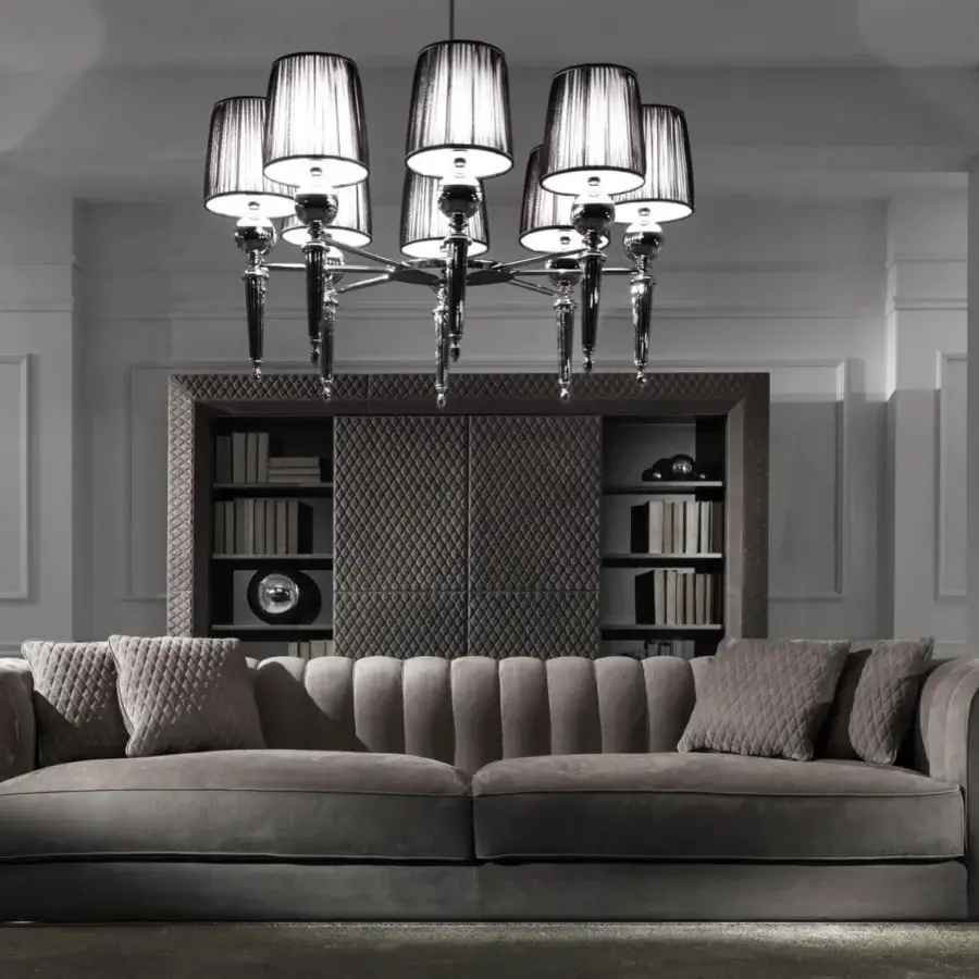 Lavish DV Home Collection Kent sofa with muted gray textile upholstery and chrome finished metal base