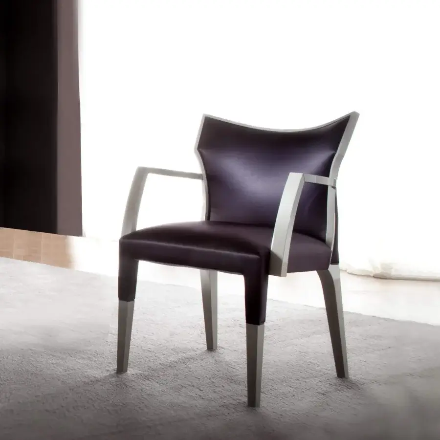 Distinguished Costantini Pietro Villa chair with a beech wood frame, high gloss finish and plush plum-colored upholstery with gray metal legs