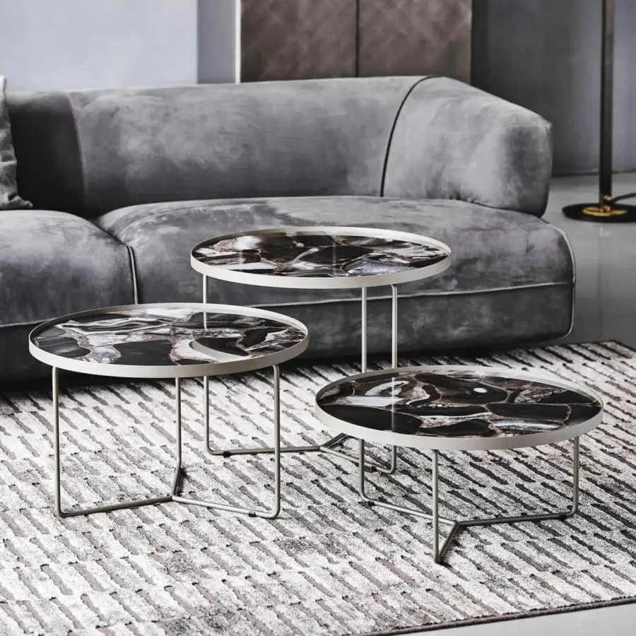 Exceptional Cattelan Italia Billy Keramik coffee table with dark patterned ceramic and silver-toned metal, finished to a polished smoothness