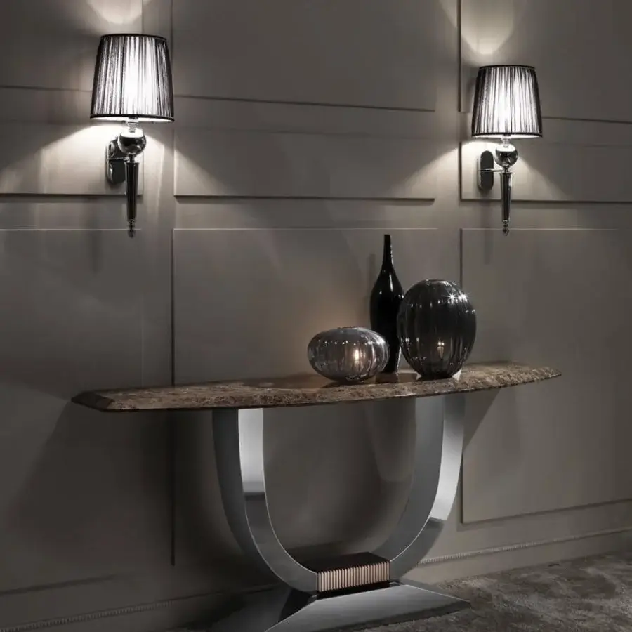 Exclusive DV Home Collection Hermes console with mottled brown wood and mirrored stainless steel arches built in a polished finish