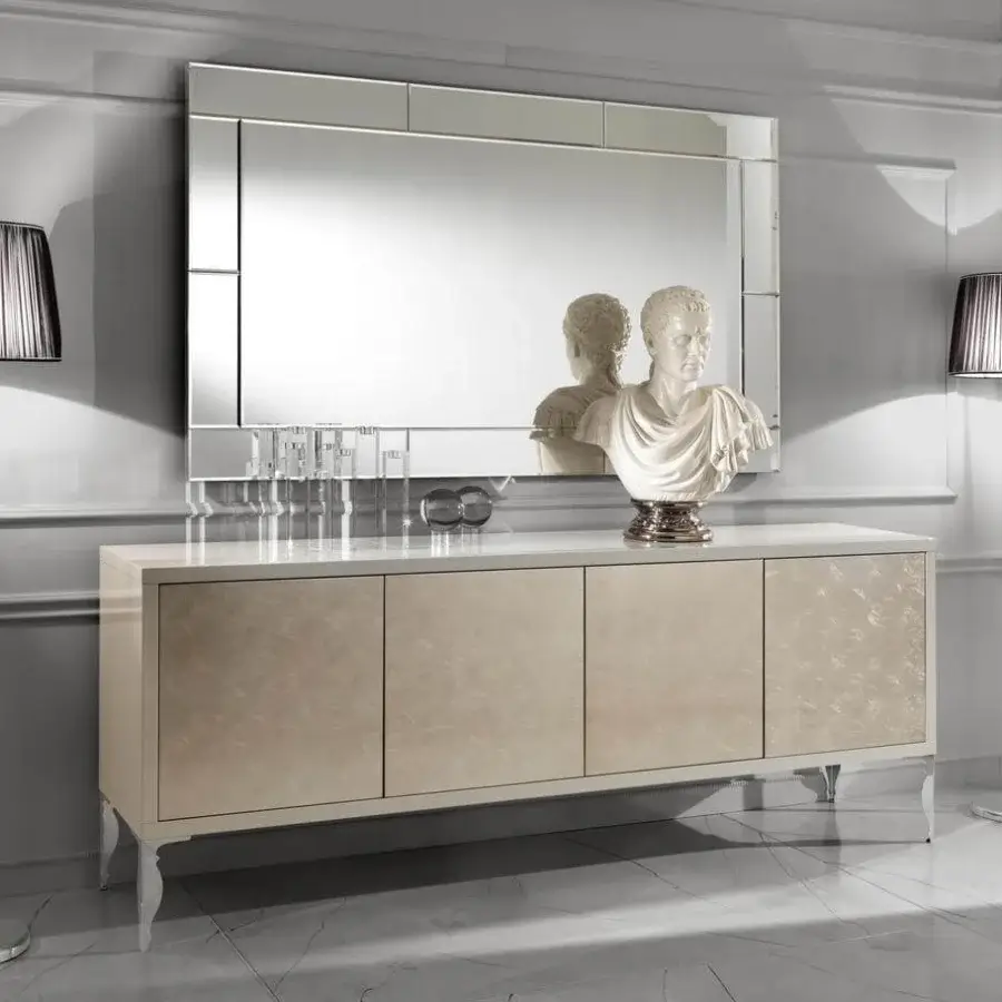 Distinguished DV Home Collection Envy mirror with bevelled glass and layered rectangular construction in polished silver tone