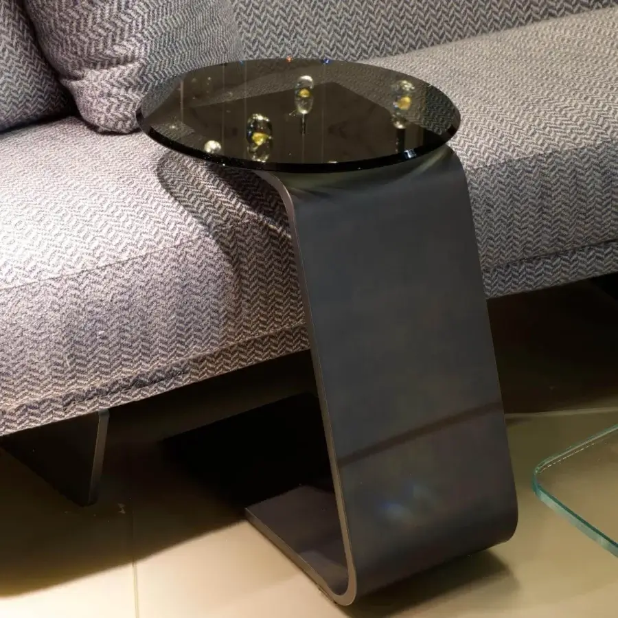 Exceptional Reflex Oh side table with curved extra-clear glass base and smoked glass tabletop in glossy finish