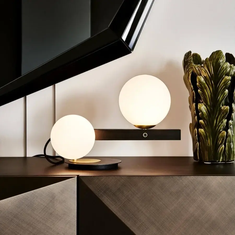 Distinguished Cattelan Italia Planeta table lamp in burnished steel with brushed brass accents and satin white blown glass shades offers a matte finish