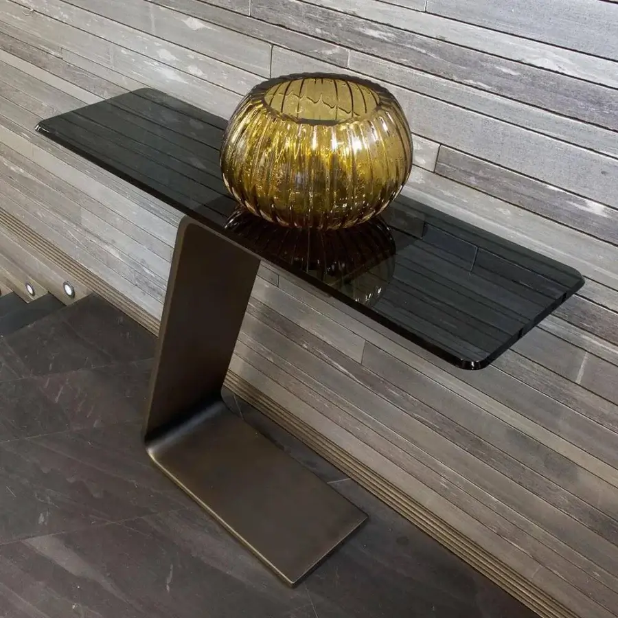 Superior Reflex Oh console with smoked glass tabletop and curved extra clear glass base in bronze finish