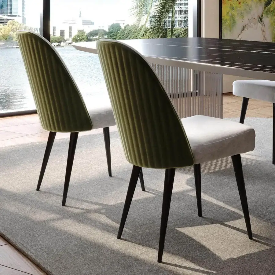 Sophisticated Reflex Ludwig chair upholstered in textured olive green ribbed fabric with light gray, built with a sleek matte black metal base