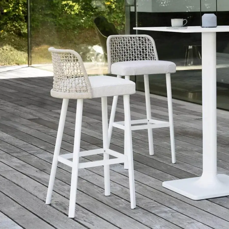 Superior Varaschin Emma stool with matte white metal frame and light neutral woven textile backrest