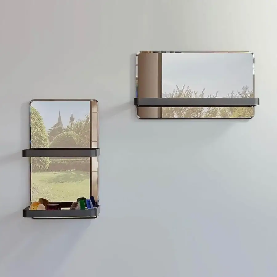 Elegant Reflex Shelf Mirror with bronze mirror glass above transparent glass and a bronze metal frame