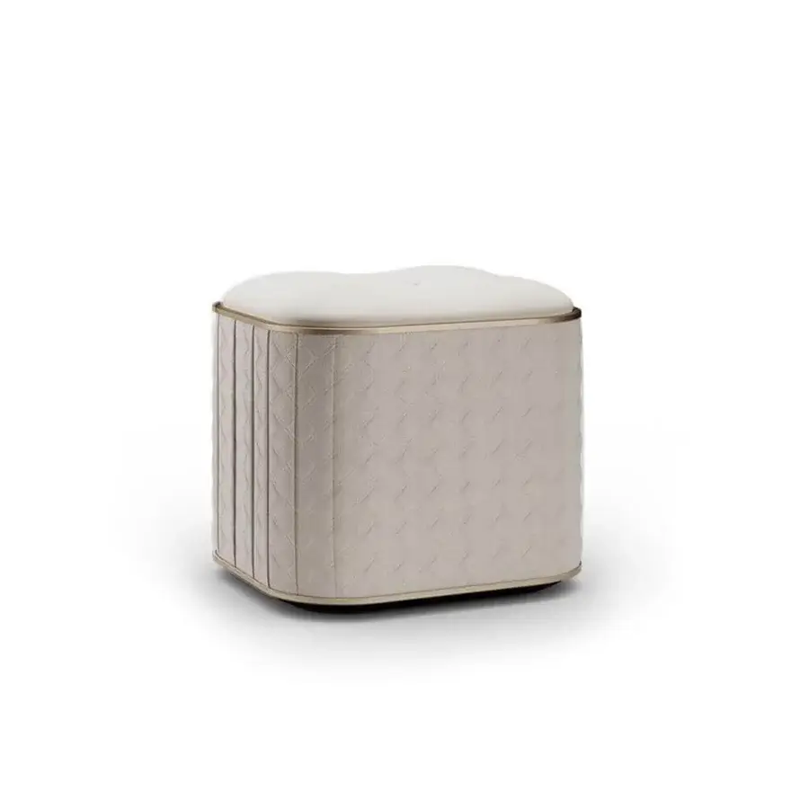 Distinguished Reflex San Marco ottoman crafted in textured woven fabric with brass satin band and quiltings