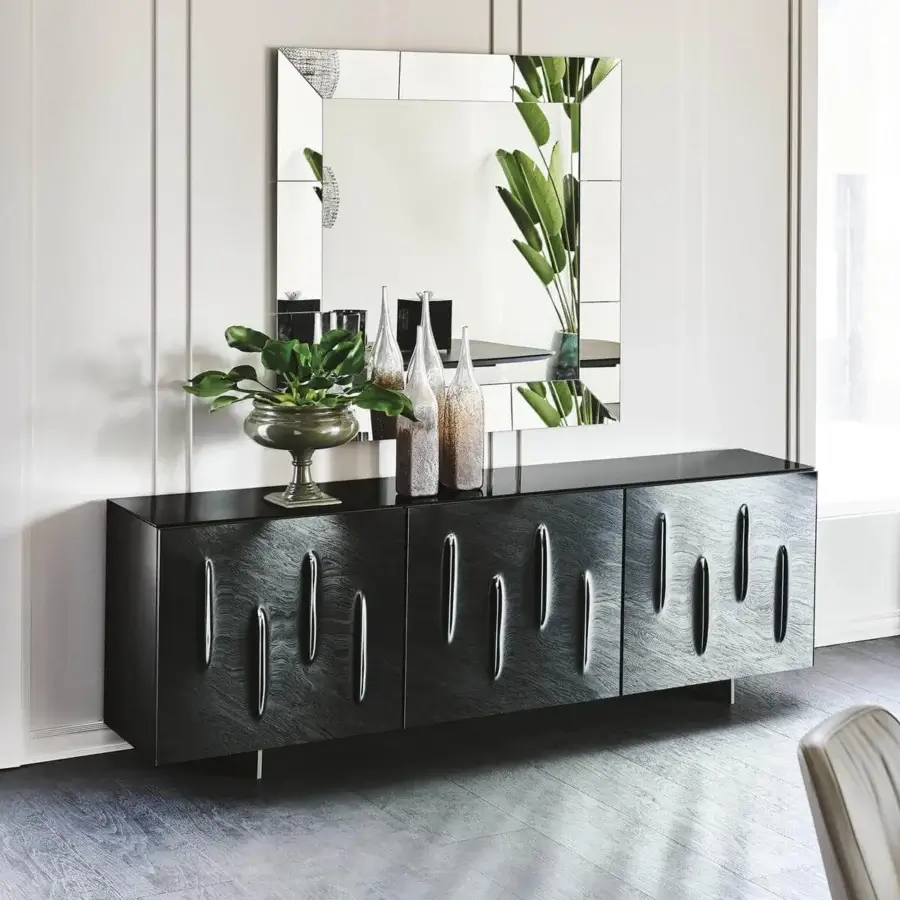 Superior Cattelan Italia Carnaby sideboard with moka lacquered structure and smoked grey convex mirrored glass doors