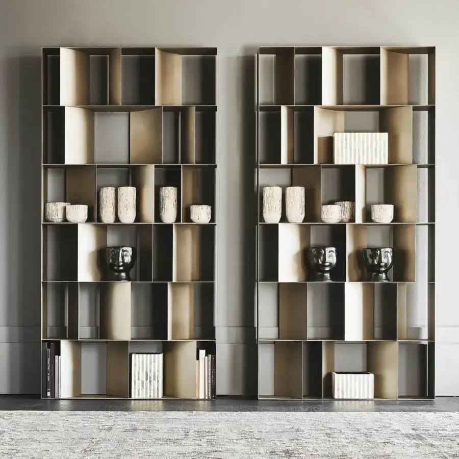 Exceptional Cattelan Italia Nautilus bookcase crafted in embossed lacquered steel with a warm bronze finish and light gray panels