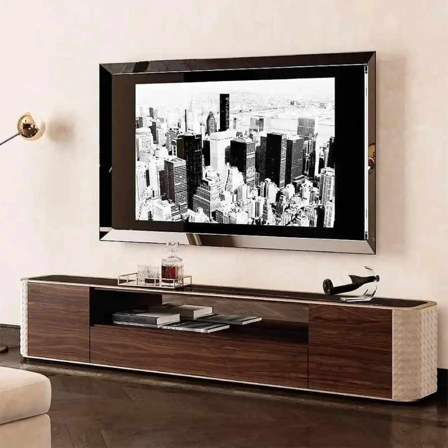 Lavish Reflex San Marco TV stand with Canaletto Henné wood, quilted leather, and satin brass detailing