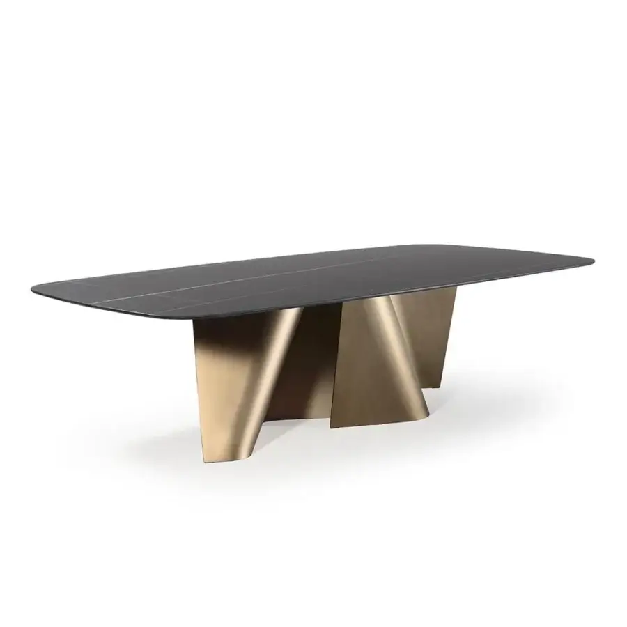 Distinguished Reflex Esse table crafted in Italy with dark glass tabletop and sculpted, brushed bronze metal supports with glossy finish