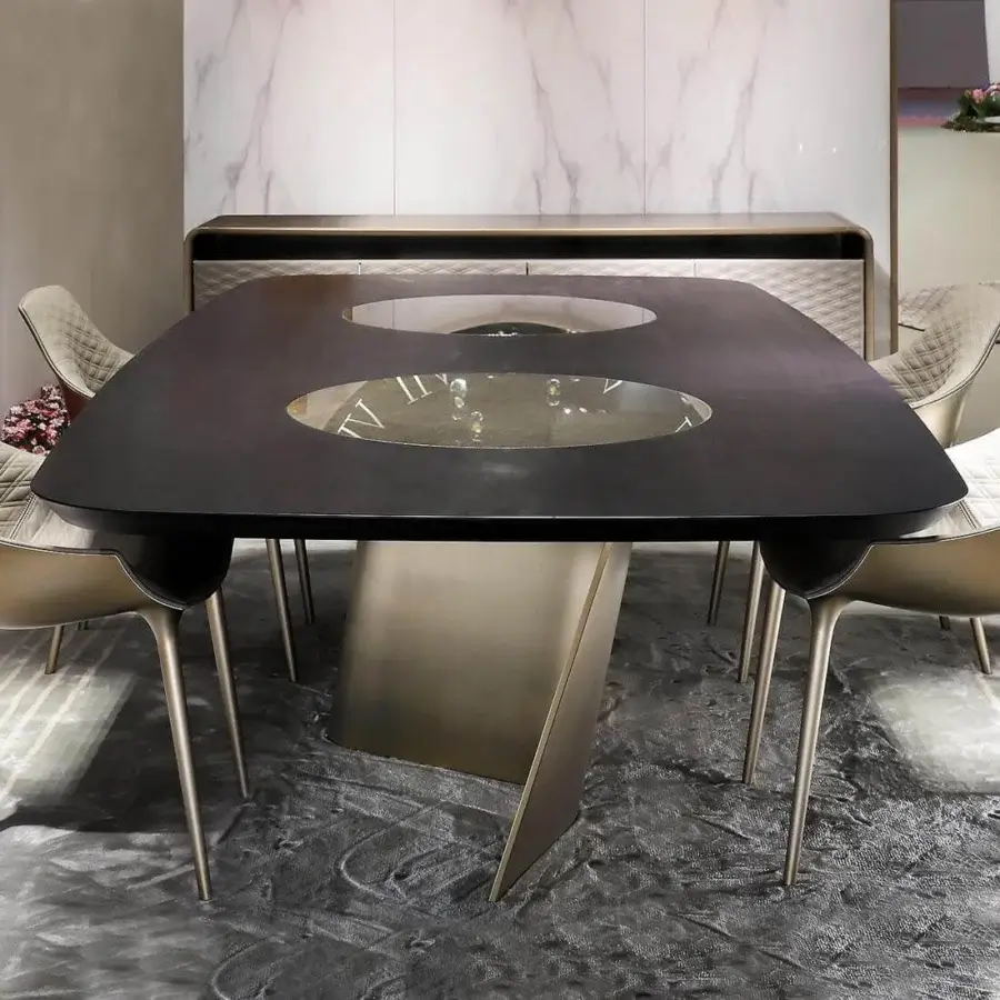 Distinguished Reflex Esse table crafted in Italy with Canaletto walnut wood and satin Titanium finished glass supports
