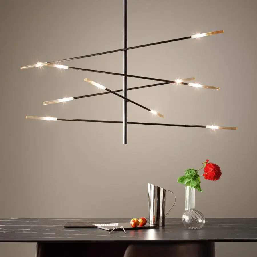 Remarkable Bonaldo Crossroad suspension lamp crafted in matte lead-colored lacquered metal with amber glass enclosures