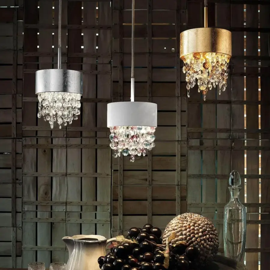 Captivating Masiero Olà suspension lamp with polished silver frame and transparent crystal coated Italian glass pendants