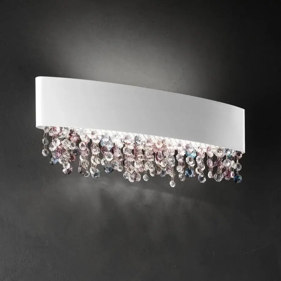 Exclusive Masiero Olà wall lamp with powder-coated metal and cascading coated Italian glass pendants in pink, purple, and clear hues