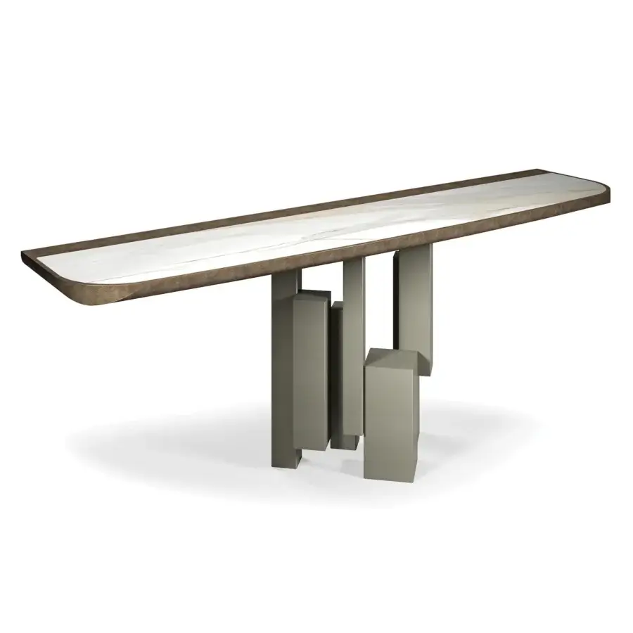 Distinguished Cattelan Italia Skyline Keramik Premium console with light beige ceramic Marmi and muted grey matte metal base