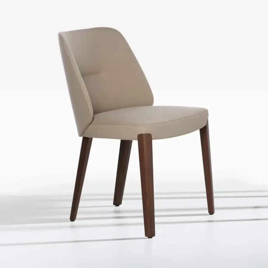 Distinctive Potocco Concha chair with neutral beige textile upholstery and refined satin-finish oak wood frame