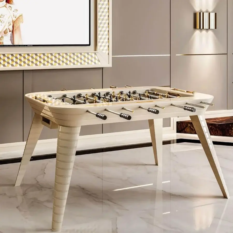 Stunning Vismara Stadium foosball table with lacquered wood, extra-light tempered glass, and aluminum players plated in 24kt gold and black nickel