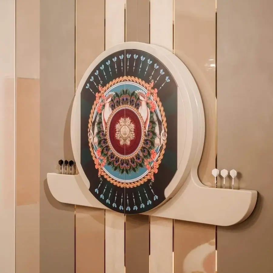 Distinguished Vismara Argo dartboard cabinet crafted in lacquered wood with a satin finish and surrealistic Circus Edition illustrations