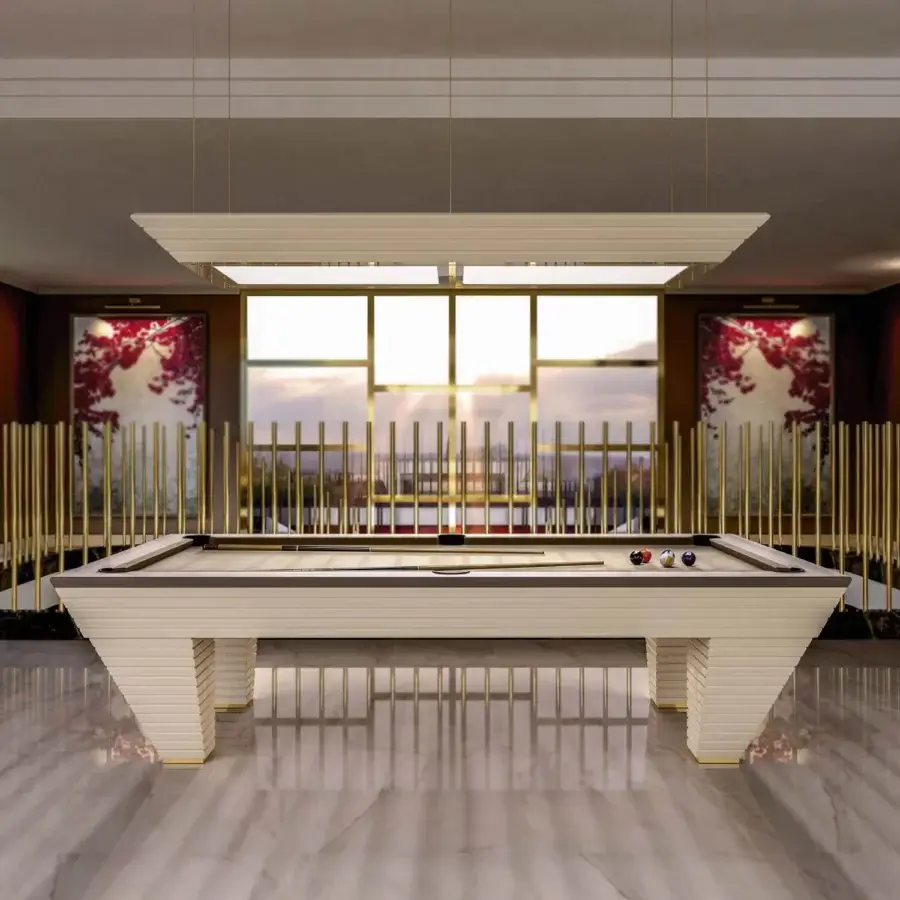 Distinguished Vismara New Desire pool table with solid wood framework, Simonis cloth, sculpted legs and gilded accents in a satin finish