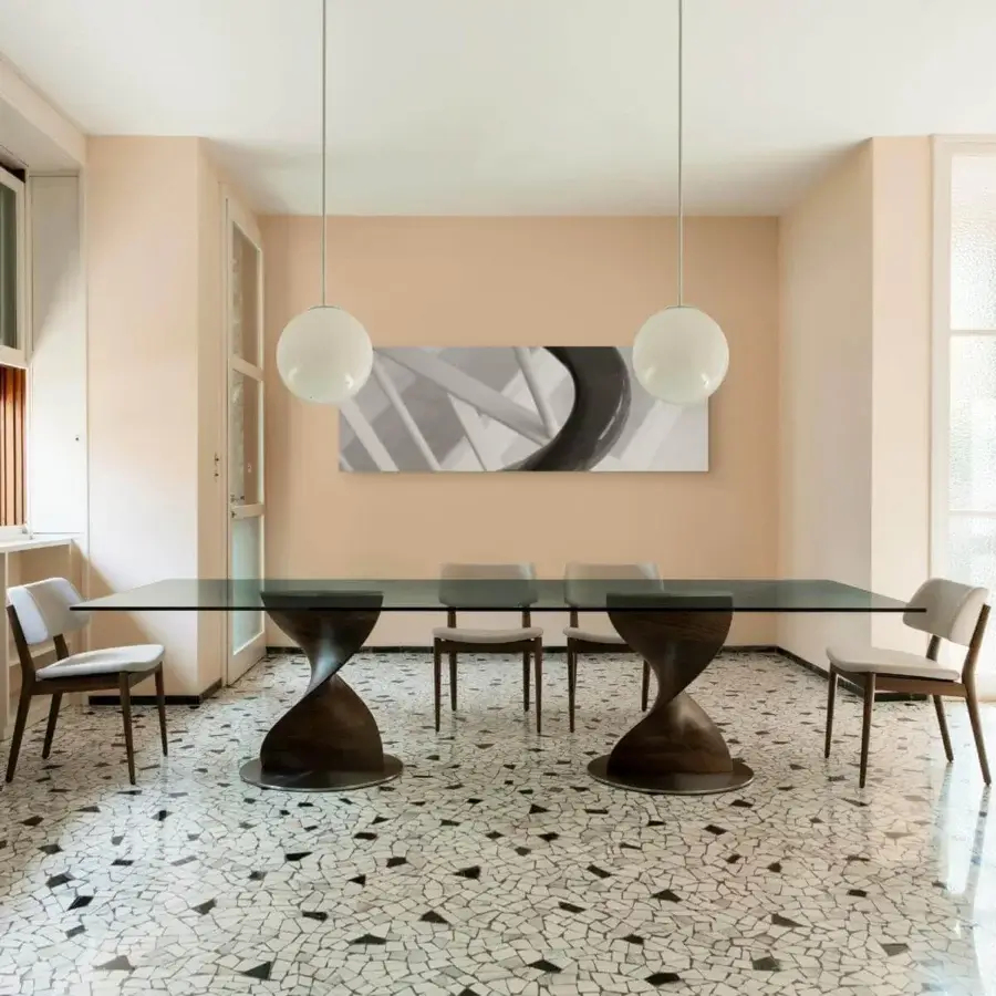 Distinguished Porada Elika table with a canaletto walnut base, satin chrome metal, and sleek tempered glass top in a satin finish