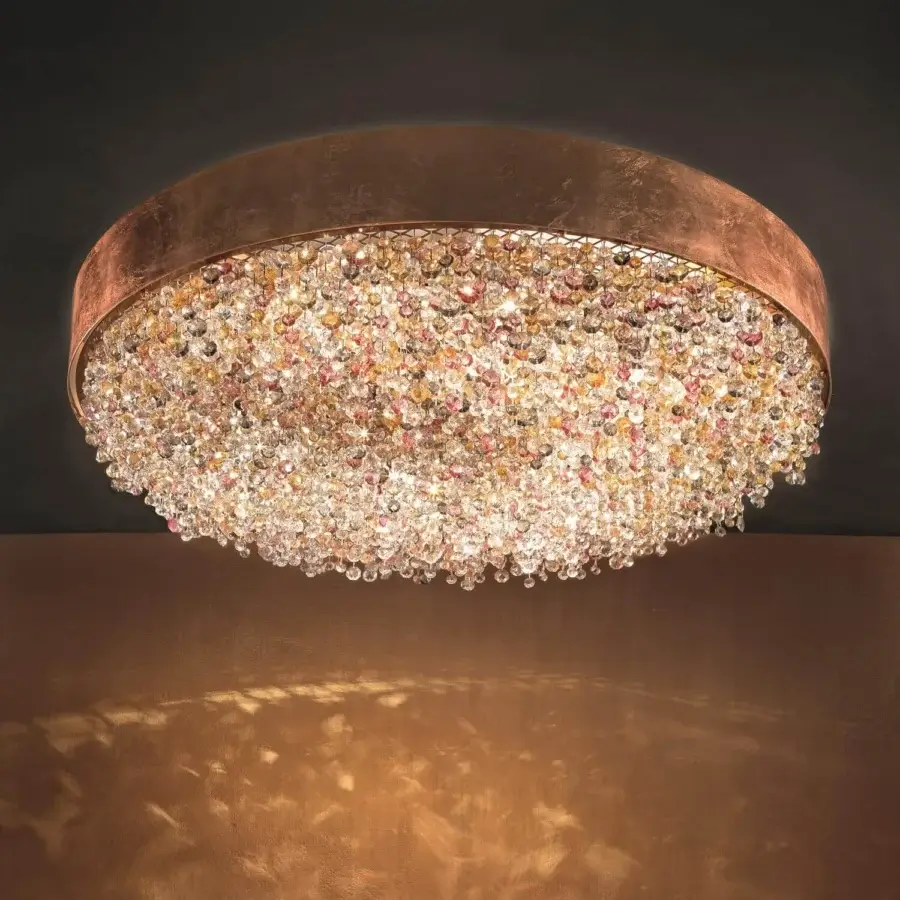 Exceptional Masiero Olà ceiling lamp with burnished metal and amber-colored coated glass pendants in a textured matte finish