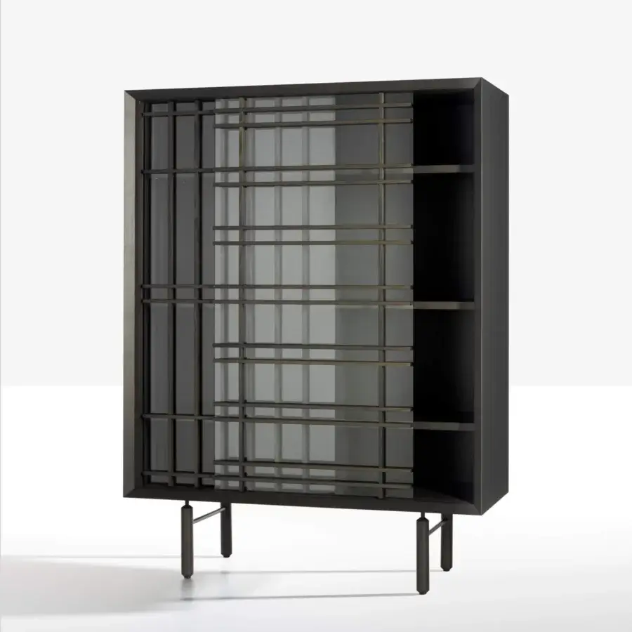 Refined Potocco Sen cupboard with ash container and crossed grid detailing in matte dark gray wood with bronzed glass doors