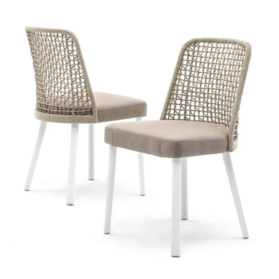 Exceptional Varaschin Emma chair with a hand-woven synthetic fiber cord backrest and waterproof fabric seat in neutral beige with white legs