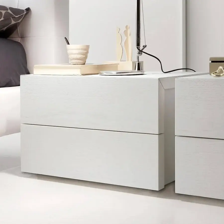 Refined Presotto Elle nightstand with wood veneer and flush fronts in a gray-white tone with matte finish