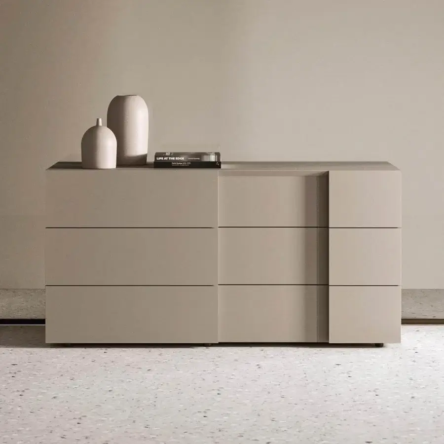Sophisticated Presotto Inside dresser with wood particle board structure and MDF fronts in warm beige matte lacquer finish