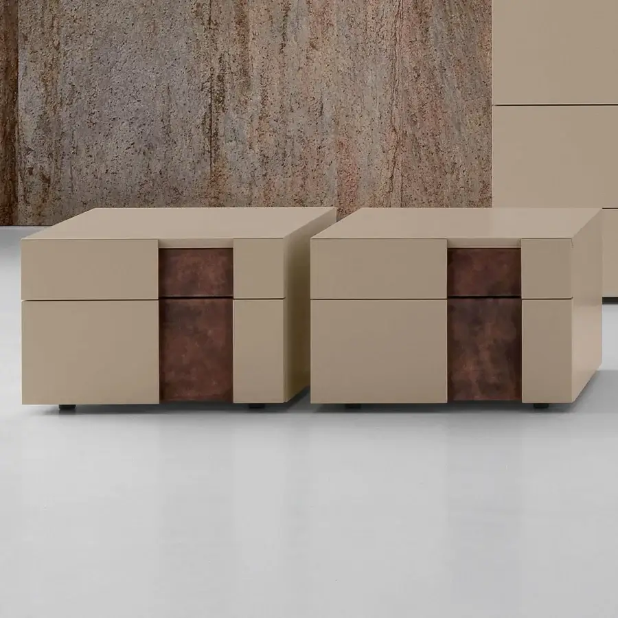 Elegant Presotto Inside nightstand with wood particle board and MDF fronts in a matte lacquered light beige tone