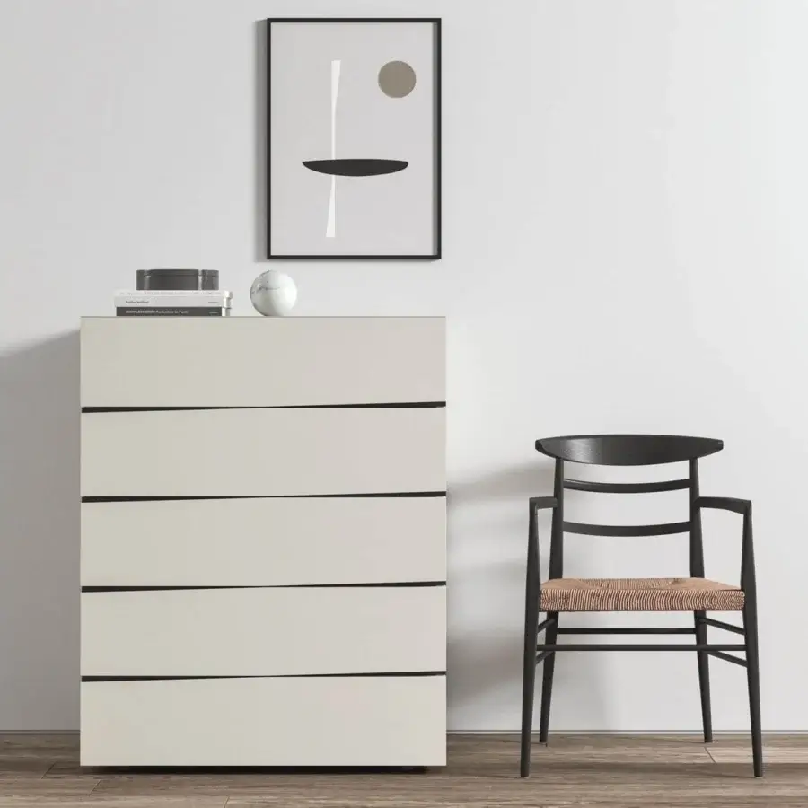 Distinctive Presotto Jazz dresser with particle board wood and MDF fronts in sage green lacquer with charcoal gray accent